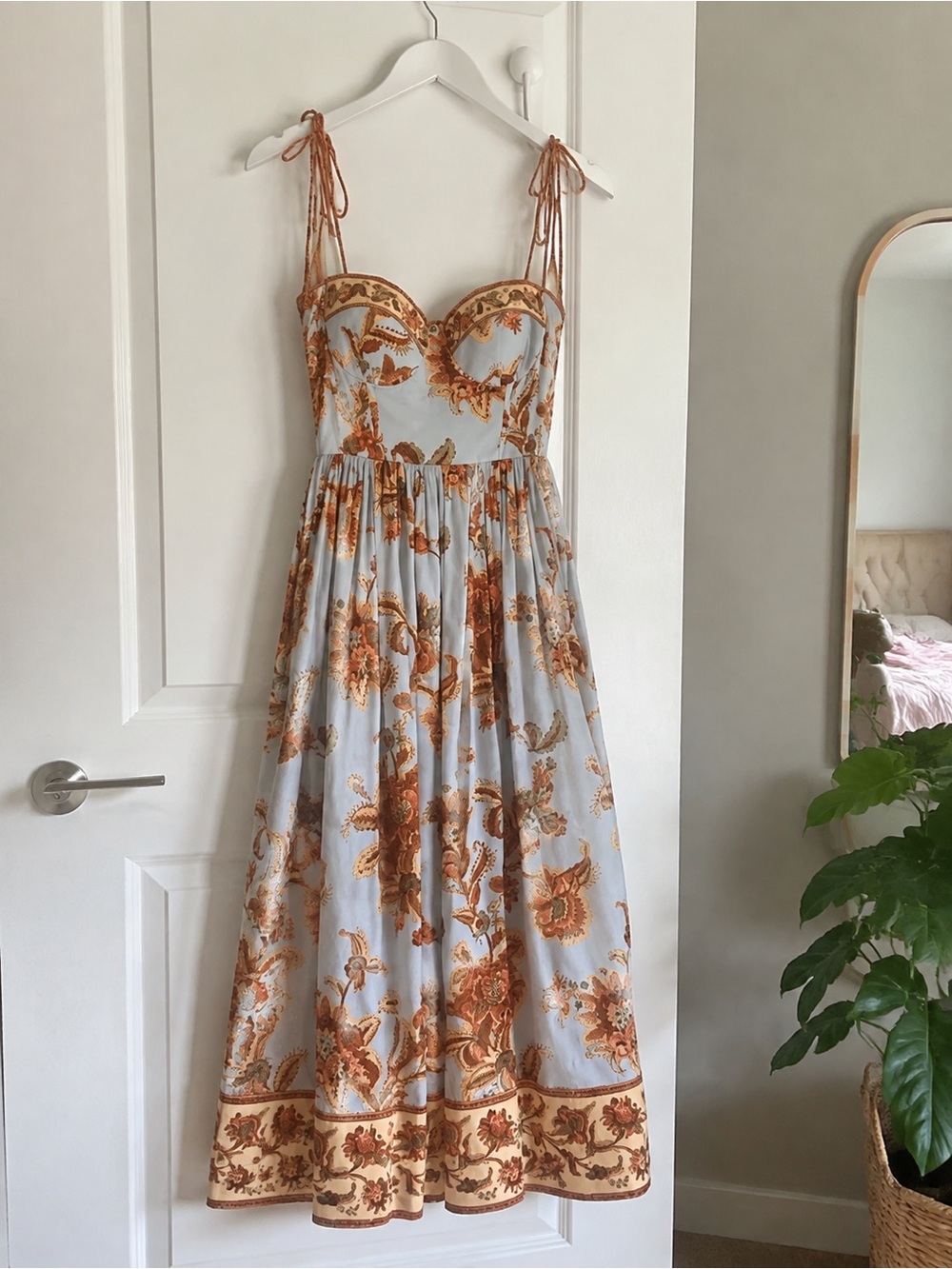 Zimmerli Pale Blue Midi Dress with Rust Floral Print and Tie Straps - Picture 1 of 4